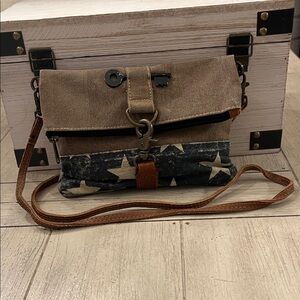 Mona B Tan Canvas Crossbody with Navy Star Accent